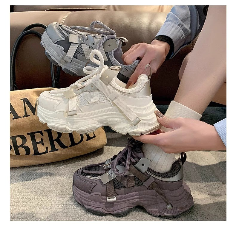 Women's Chunky Sneakers  Breathable Mesh Platform Sports Shoes Woman Fashion Lace Up Thick Sole Casual Shoes Mujer