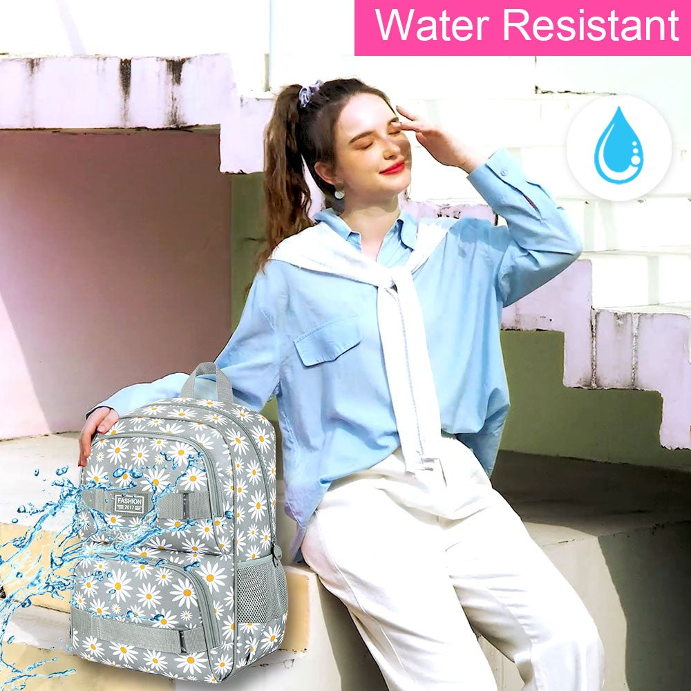 3PCS Daisy Girls Backpack, 17 Inch Laptop School Bookbag Teen College Water Resistant Kids Backpacks with Lunch Box Set - Grey