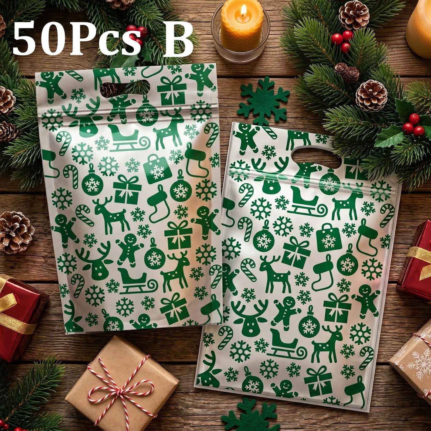 50Pcs Resealable Christmas Zip Lock Bags 50PCS Clear Christmas Plastic Sealing Bags with Handles for Xmas Holiday Party Candy