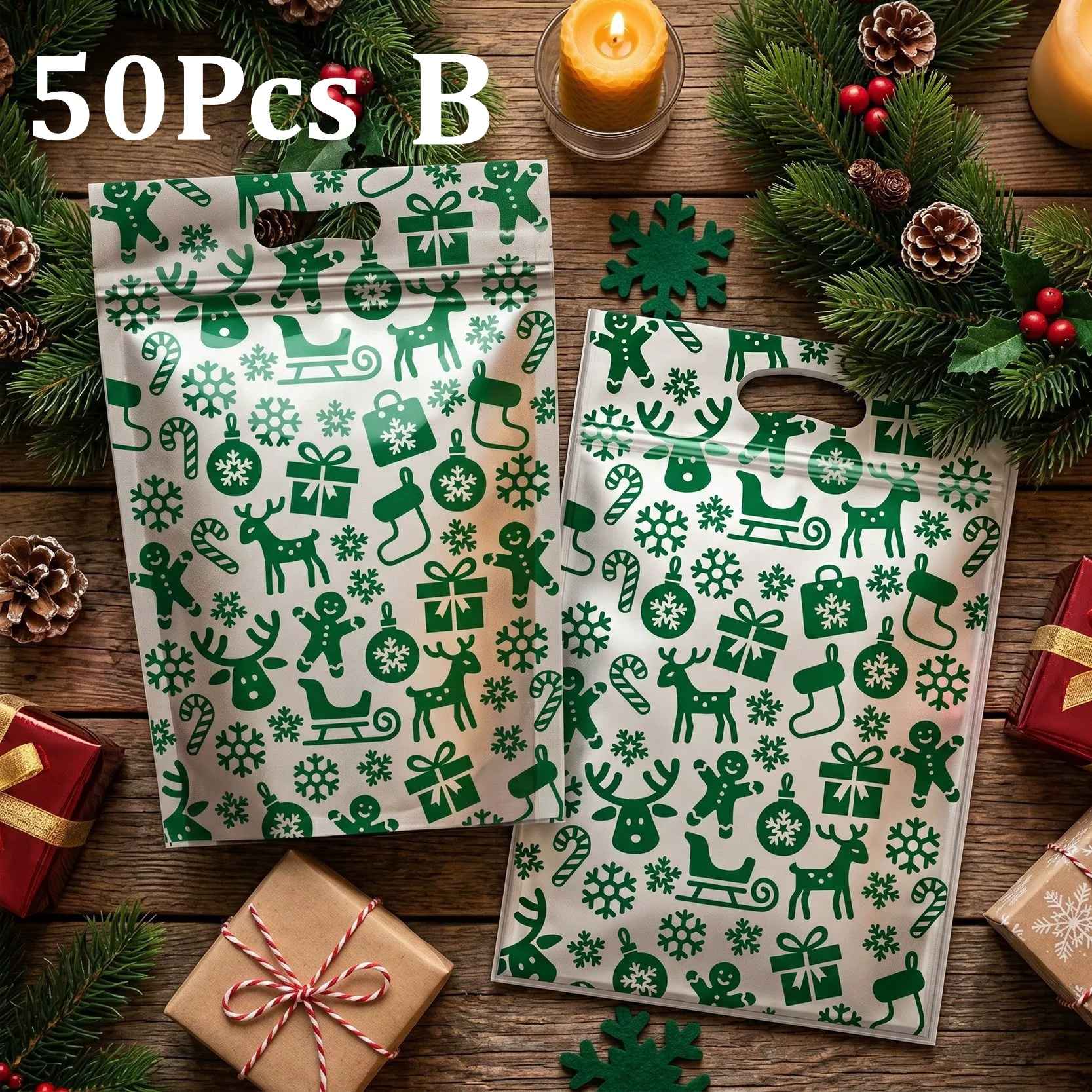 50Pcs Resealable Christmas Zip Lock Bags 50PCS Clear Christmas Plastic Sealing Bags with Handles for Xmas Holiday Party Candy