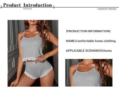 Soft Comfortable Women Sleeveless T-Shirts and Shorts Loose Home Wear Underwear Sexy Lace Pajamas Set