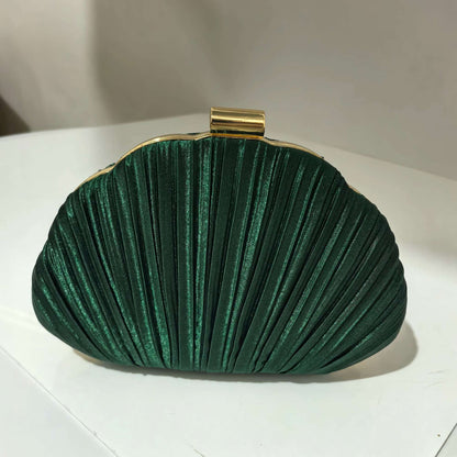 Shell Design Ruched Women Evening Bags Apricot Color Glitter Satin Luxury Party Dress Clutch Bags With Shoulder Chain Messenger