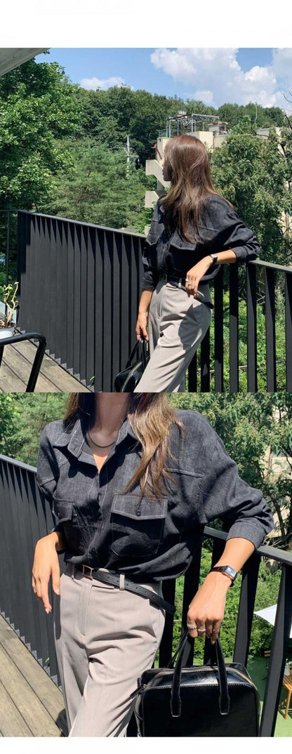 Loose Long Sleeve Casual Denim Shirt Korean Style Loose Fit Shoulder Casual Shirt Pure Color Shirt City Style Commute Shirt