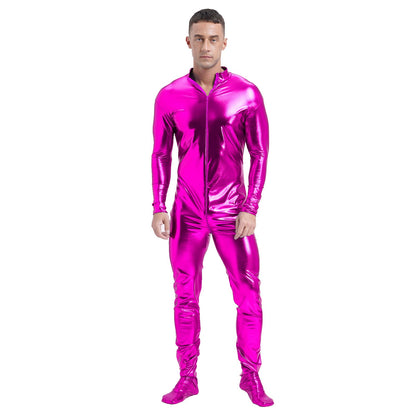 Men's Shiny Metallic Zentai Dress-up Jumpsuit Cosplay Costume Performance Stage Disco Clubwear Full Body Unitard Tights Leotard