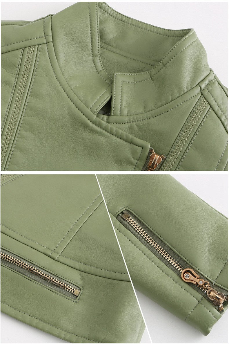 Women's Bright Red Lapel PU Jacket, Zippered Embellished Leather Jackets, Women Fashion Casual Coat of Female Outerwear