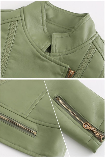 Women's Bright Red Lapel PU Jacket, Zippered Embellished Leather Jackets, Women Fashion Casual Coat of Female Outerwear