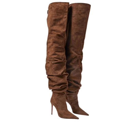 Women's New Pointed Pleated High-heeled Knee High Boots, Autumn and Winter Suede Thigh Boots, Women's Plus Size Stacking Boots