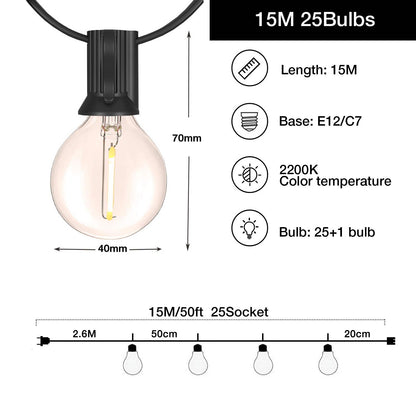 25FT 50FT G40 Fairy String Lights Outdoor Clear Glass Bulbs E12 Socket EU Plug Dimmable Waterproof Patio Decorative Lights Chain