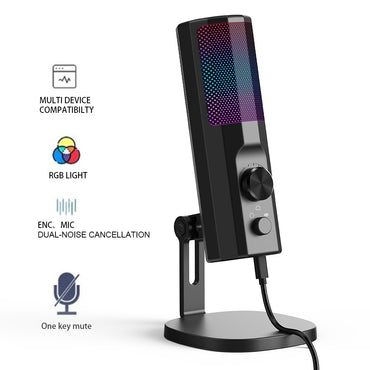 Microfone Condensador 3,5 mm com Cancelamento de Ruído ENC, Iluminação LED RGB, Compatível com PC/PS4/PS5/Mac/Android, Ideal para Stream