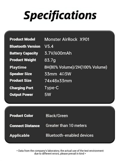 Monster X901 TWS Stereo Bluetooth Speaker Wearable Magnetic Clip-on Portable Bluetooth Sound Box IPX67 Waterproof Subwoofer