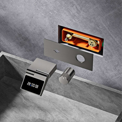 Torneira de banheiro de parede luxuosa de latão cinza chumbo com visor digital LED, misturador monocomando de água quente e fria embutido.