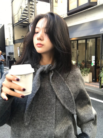Korean Sle Woolen Coat Women's Chic Temperament Sweet Bow Tie Collar Hooded Warm Woolen Coat Long Sve Mid-Length
