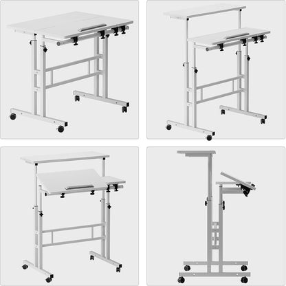 Mobile Desk With Folding Table Top, Height Adjustable Computer PC Table Workstation Laptop Stand with Rollers for Home Office