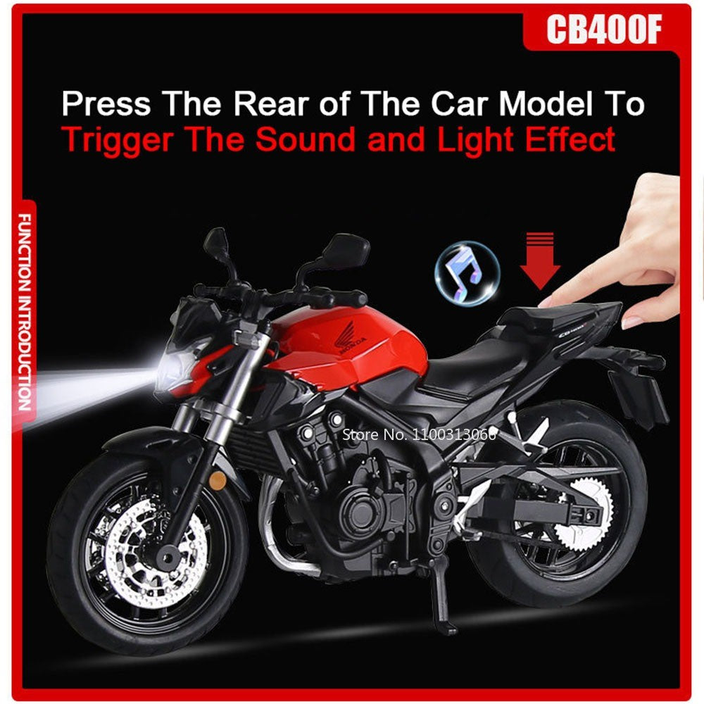 Modelos de Motocicletas 1:12 Honda CB400F R1 Carros de Brinquedo com Luz Musical Direção de Roda Miniatura de Motocicleta Ornamento de Mesa de Escritório