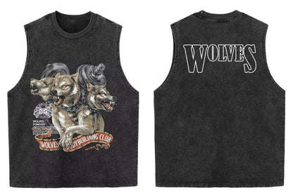 2025 summer American vintage Washed men's T shirt Wolf Head Print Tank Top Gym Fitness Sleeveless T shirt Exercise Vest Women