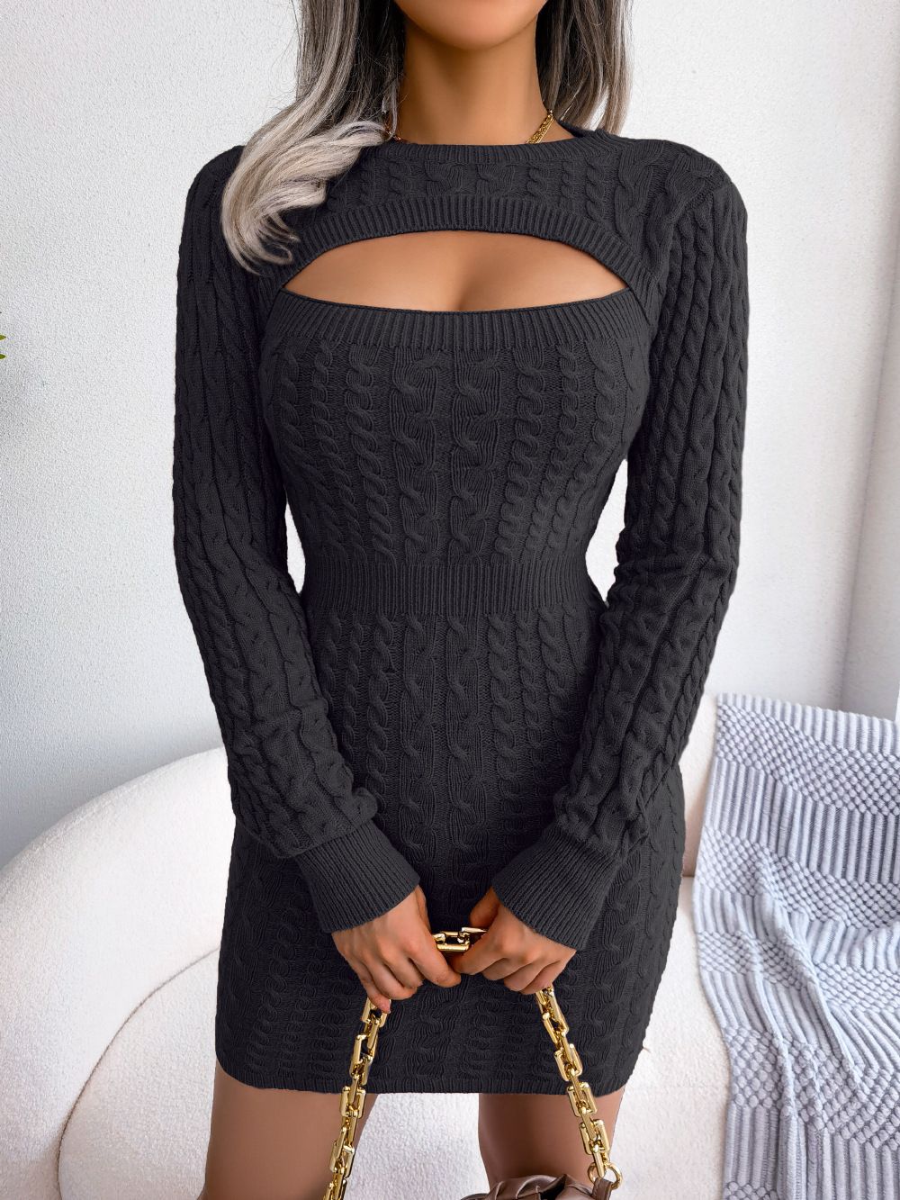 VigoCasey 2025 Blue Casual Short Knit Dress Autumn Winter Women Long Sleeve Dress Sexy Lady Solid Hollow Bodycon Knitted Dresses