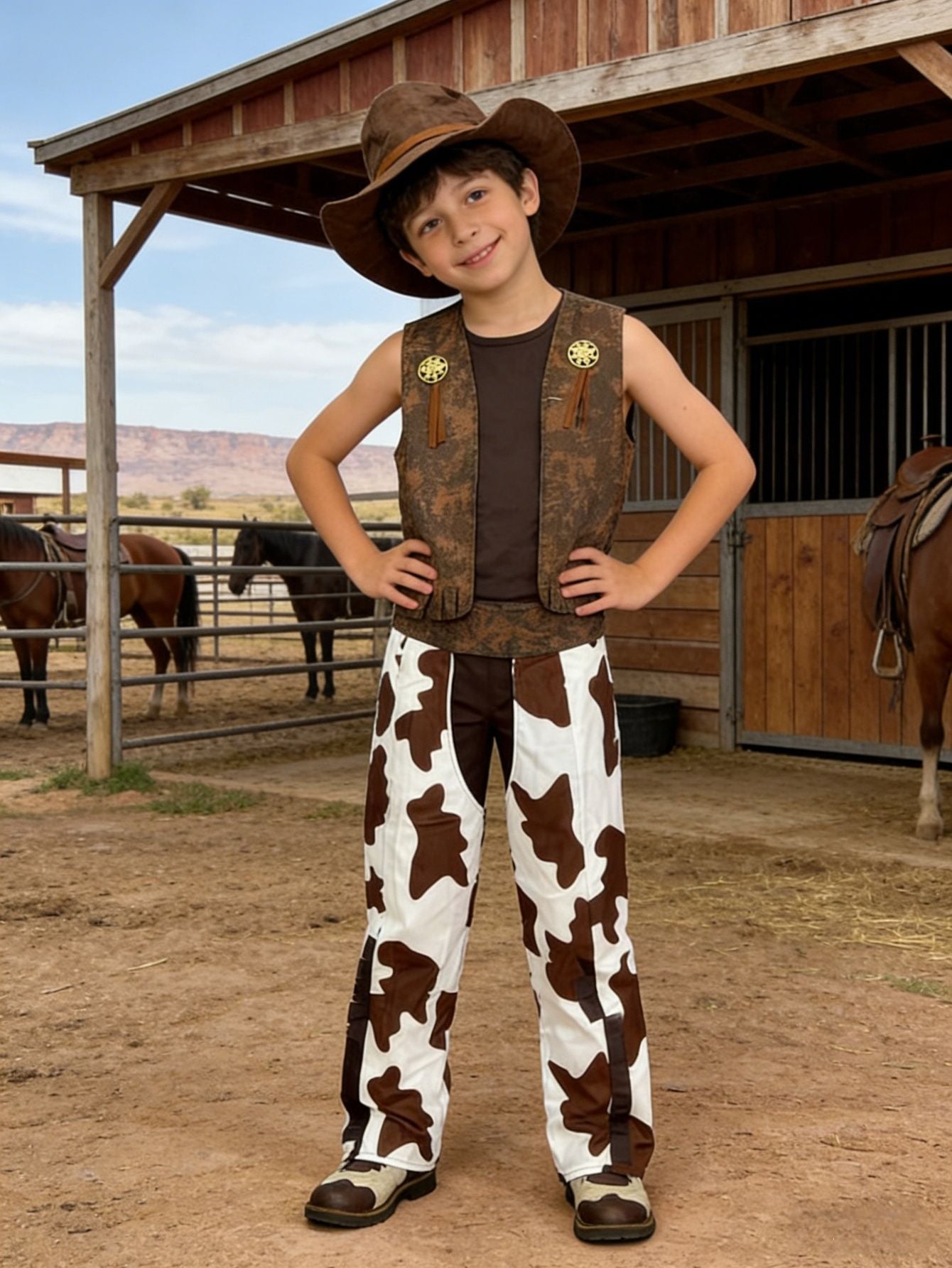 Boys Western Cowboy Costume Set with Vest, Chaps and Hat, Kids Halloween Party Outfit
