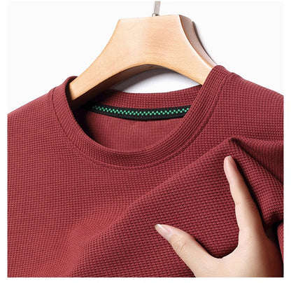 Men's New Summer Waffle round Neck Short Sleeve T-Shirt Comfortable Breathable Short-Sleeved Top for Casual Wear