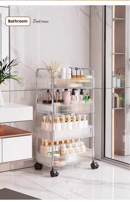 Prateleira de armazenamento móvel para banheiro para lanches, brinquedos e cosméticos multi-camadas, carrinho pequeno transparente