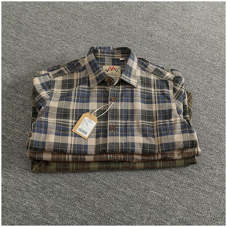 2024 Spring and Autumn New American Retro Woven Plaid Cargo Shirt Men's Simple 100% Cotton Washed Single Pocket Thin Jacket