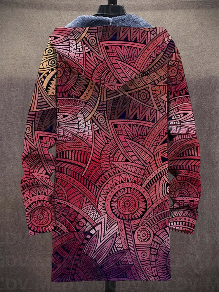 Unisex Retro Ethnic Pattern Print Plush Thick Long-Sleeved Sweater Cardigan Coat