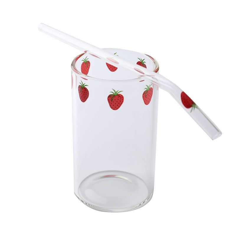 Canecas de Café Leite Água Resistentes ao Calor com Canudos Ins Nana Morango Óculos, Copo de Canudo Transparente para Sucos Smoothies Bebidas Geladas Fofo
