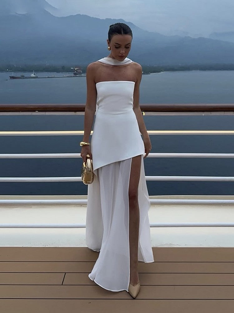 TARUXY Fashion Strapless Dress With Ribbon Female Elegant Sleeveless Mesh Beach