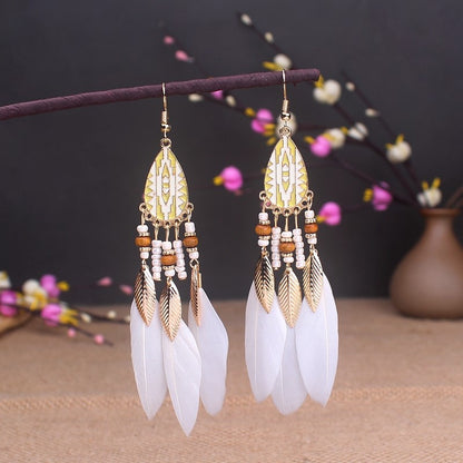 Brincos femininos longos de pena estilo boho, praia, com borla longa, miçangas, flores artesanais esmaltadas, para noiva, casamento, Pendientes Mujer