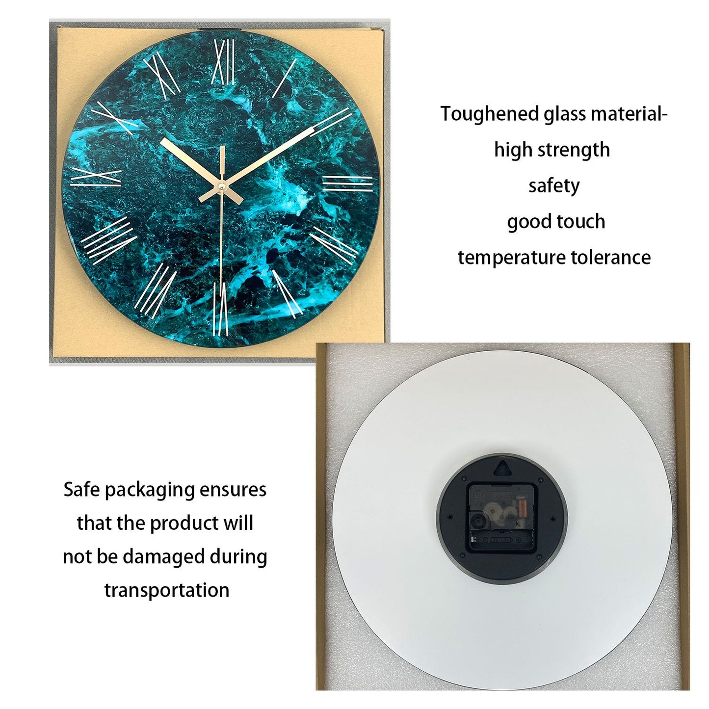 Creative Stylish Dark Green Marble Texture Pattern Tempered Glass Wall Clock Living Room Bedroom Kitchen Home Decoration Wall Clock Silent Quartz Clock Holiday Gift 12 Inches 14 Inches 16inch (Without Batteries)