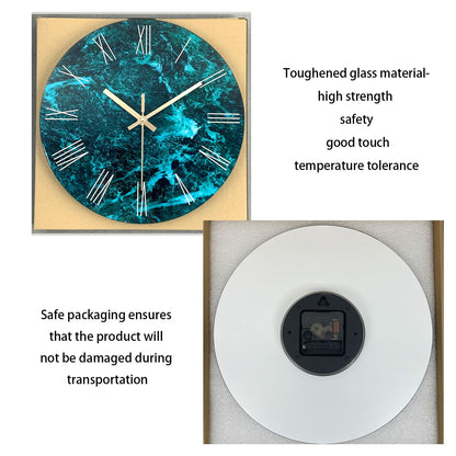 Creative Stylish Dark Green Marble Texture Pattern Tempered Glass Wall Clock Living Room Bedroom Kitchen Home Decoration Wall Clock Silent Quartz Clock Holiday Gift 12 Inches 14 Inches 16inch (Without Batteries)