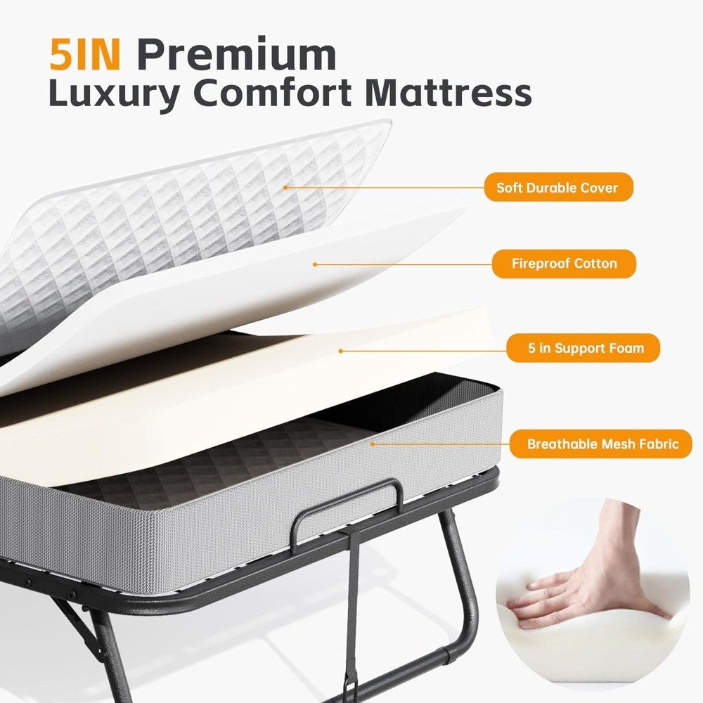 Folding Bed with Mattress, Foldable Twin Bed, Roll Away Beds for Adults, 75 x 31 Portable Roll Away Guest Beds with 5 Mat