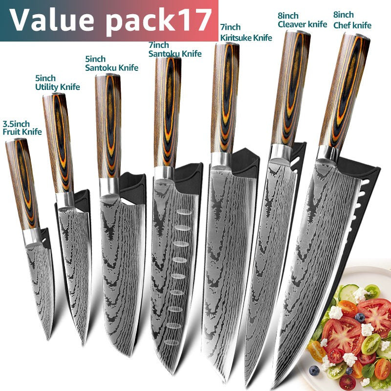 Conjunto de Facas de Cozinha 1-7PÇS Faca de Chef Japonesa Santoku 7CR17 Aço Inoxidável 440C Faca de Imitação de Damasco Cutelo de Carne Fatiador