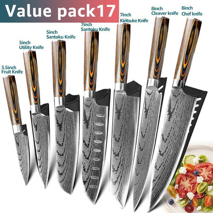 Conjunto de Facas de Cozinha 1-7PÇS Faca de Chef Japonesa Santoku 7CR17 Aço Inoxidável 440C Faca de Imitação de Damasco Cutelo de Carne Fatiador