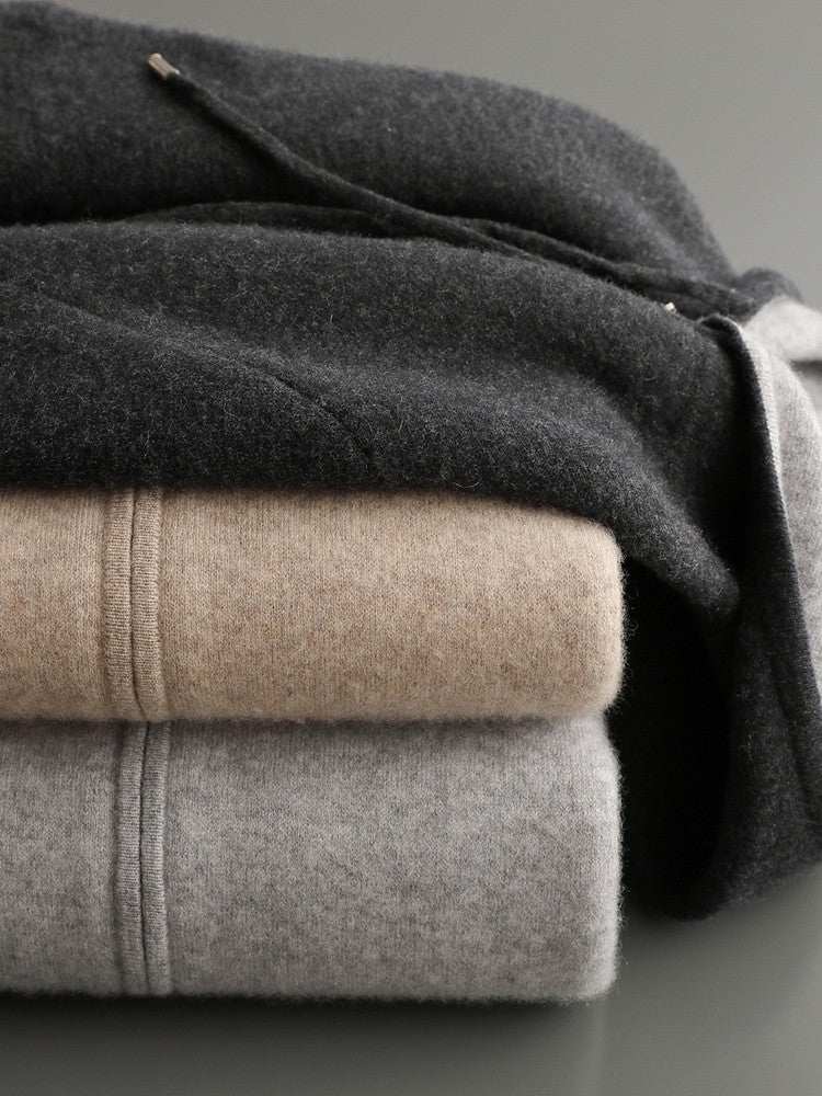 ADDONEE Men's 100% Wool Hoodie Cardigan Straights Leg Pants Set Autumn Winter Thick Cashmere Knitwear Sweater Trousers Suit