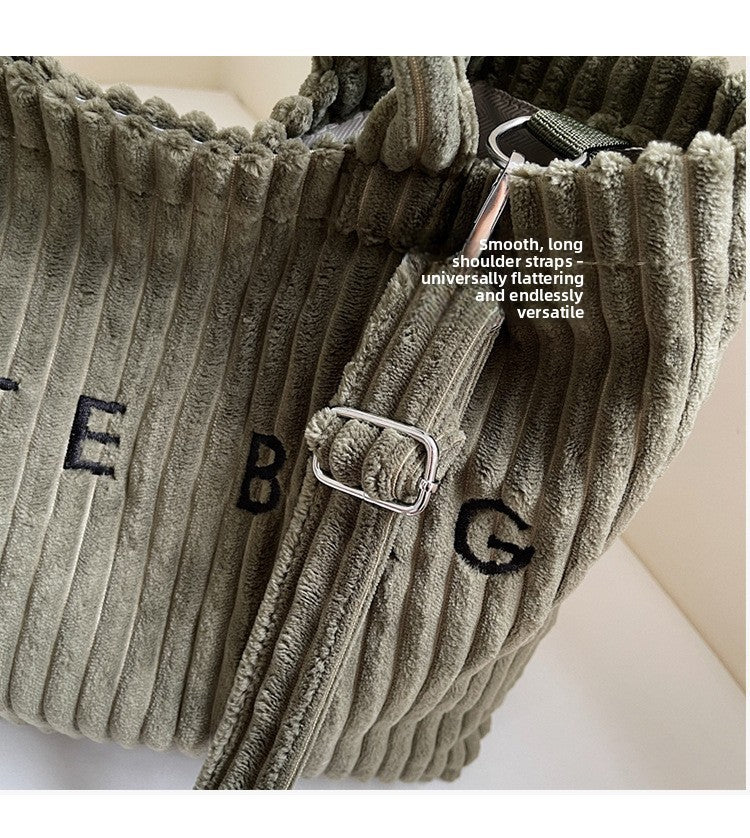 Large Capacity Striped Velvet Handbag Shoulder Bag for Woman Handbags Crossbody Bags, Versatile Letter Corduroy Women's Tote Bag