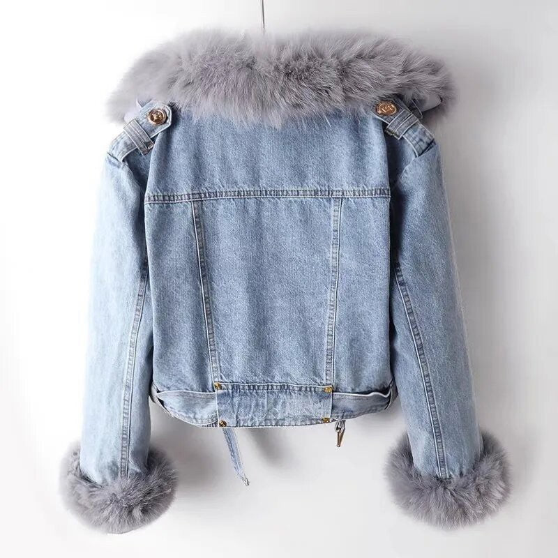New Winter Denim Jacket Women Fashion Overcoat Faux Fox Fur Collar Jean Coat Female Short Warm Parkas Rabbit Hair Lining Outwear