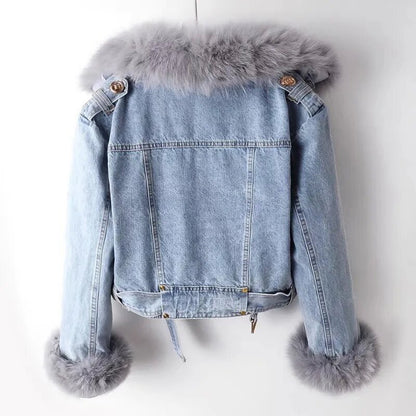 New Winter Denim Jacket Women Fashion Overcoat Faux Fox Fur Collar Jean Coat Female Short Warm Parkas Rabbit Hair Lining Outwear