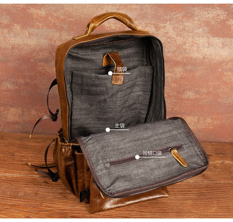 Retro cowhide backpack men and women trend outdoor travel bag leather business computer backpack large capacity