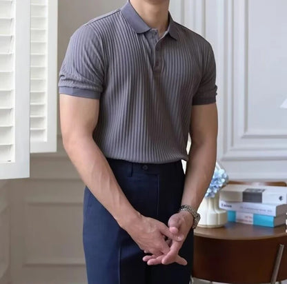 New Vertical Stripe Knit Polo Men's Shirts Summer Slim Solid Color Breathable Turn-Down Collar Business Short Sleeve Polo Tops