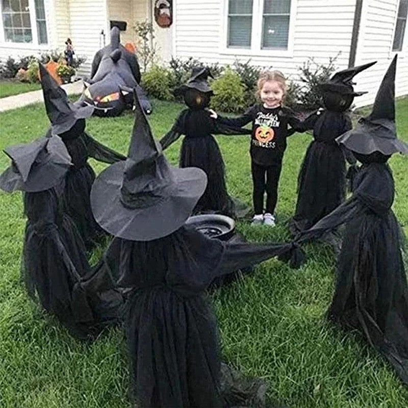 Light-Up Witches with Stakes Halloween Decorations Outdoor Holding Hands Screaming Witches Sound Activated Sensor Decor