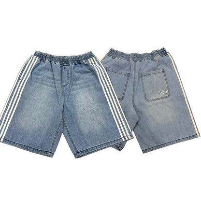 Y2K Denim Shorts Mens Womens HCW Striped Embroidery Retro Loose Summer Shorts Harajuku Hip Hop Casual Gym Shorts Streetwear New
