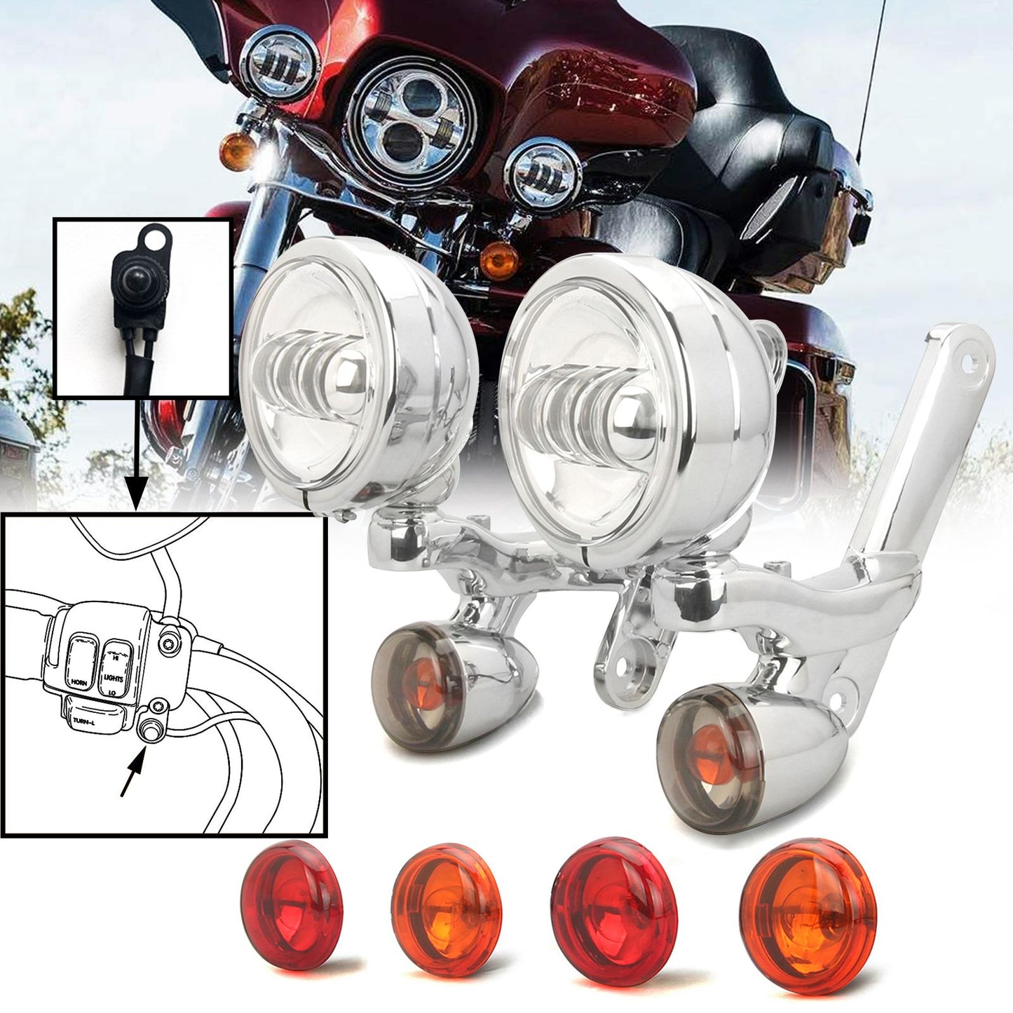 Suportes para Faróis Auxiliares de Neblina com Sinaleira para Harley Auxiliary lamps Street Glide FLHX Electra Glide 06-23