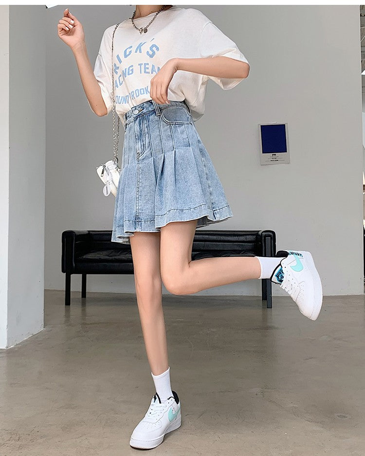 New Summer 2024 Plus Size Denim Skirt Women High Waist Pleated Large Size A Line Mini Jean Skirt Women Streetwear Saia Hot Sale