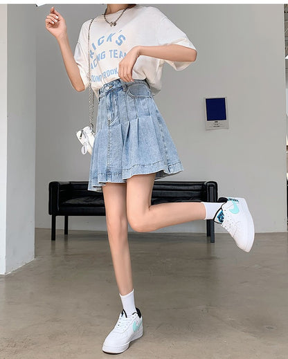 New Summer 2024 Plus Size Denim Skirt Women High Waist Pleated Large Size A Line Mini Jean Skirt Women Streetwear Saia Hot Sale