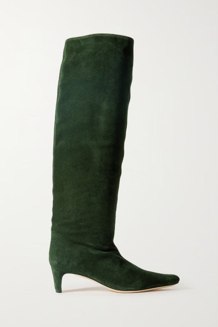 New Autumn Winter Square Toe Low Heeled Suede Long Boots European and American Fashion Black Brown Minimalist Knee High Boots