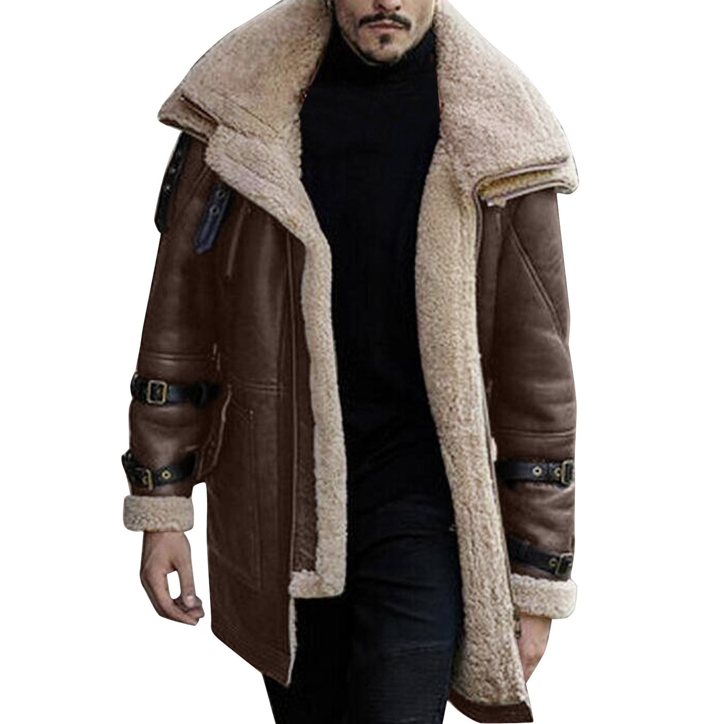 New Fashion Winter Warm Thick Fleece Bomber Jackets Business Clothing Porcket Lapel Long Sleeve Padded Leather Coats For Men