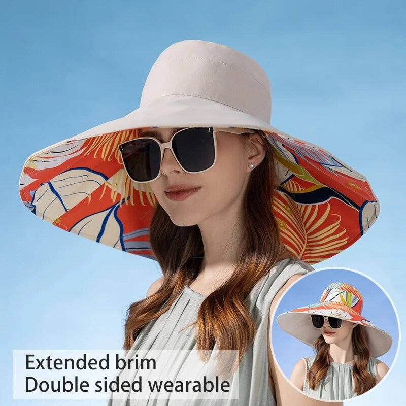 Xinbaoguan 100%poliéster8240Chapéu de pescador de aba dupla alargada NOVO transfronteiriço feminino Chapéu de sol de verão Chapéu de sol fashion