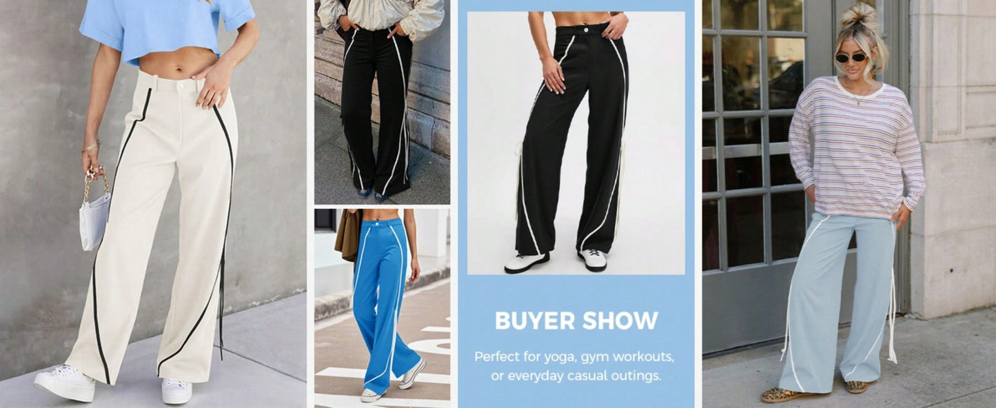 Fisoew Womens Casual Track Pants Straight Leg Trousers Splicing Line Wide Leg Pants Athletic Workout Sweatpants