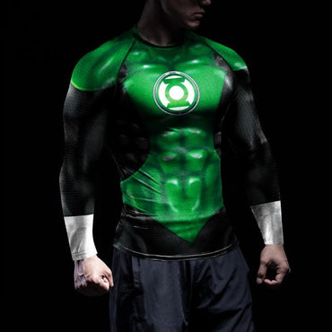 Superheroes Cosplay Costume Men Green Compression Shirts Lantern Printing Long Sleeves Tops Gym Sports Shirt Male Clothes