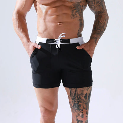 Men's Summer Swimwear Shorts Quick Dry Swimming Trunks Surf Board Solid Shorts Boxer Briefs Swimsuit Beach Sun Bathing Shorts